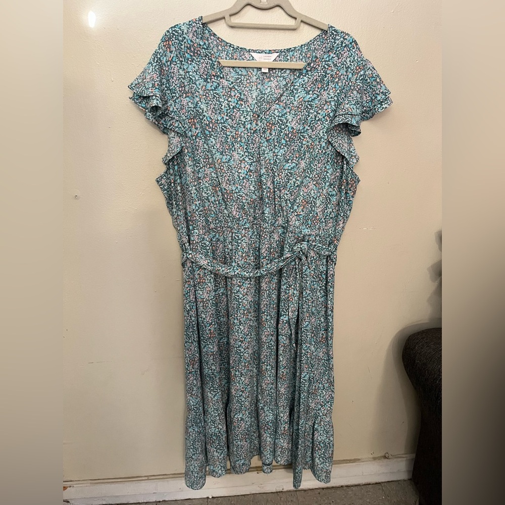 Floral Teal Midi Dress with Waist Tie